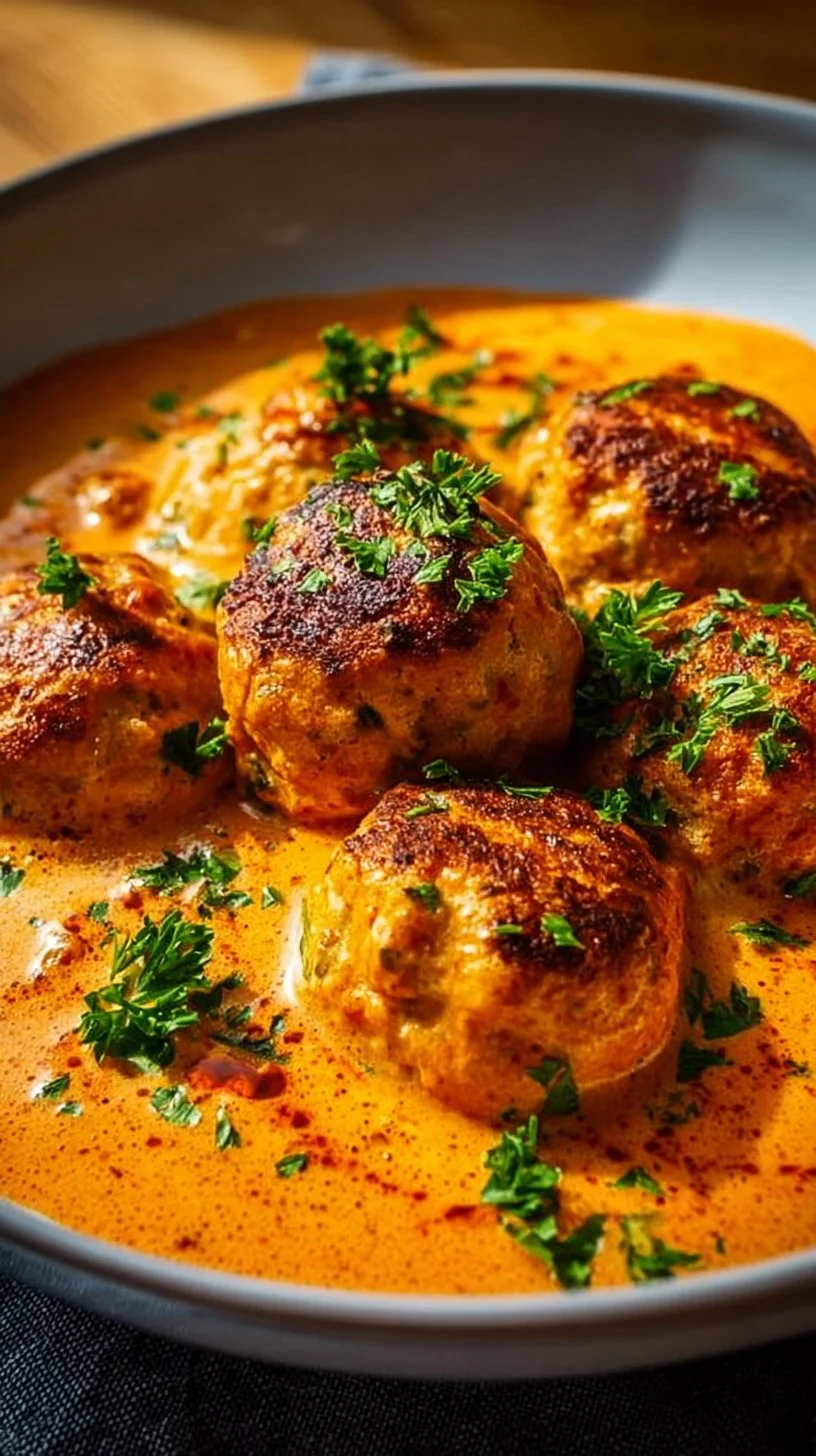 Saftige Tofubällchen in cremiger Paprika-Rahmsauce serviert auf einem Teller