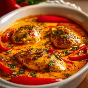 Schlemmer-Hähnchen in zarter Paprika-Rahm-Soße, serviert auf einem Teller