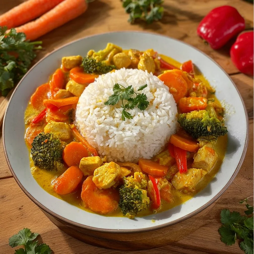 Schnelles Hähnchencurry mit Reis in einer Schüssel serviert