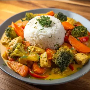 Schnelles Hähnchencurry mit Reis auf einem Teller serviert