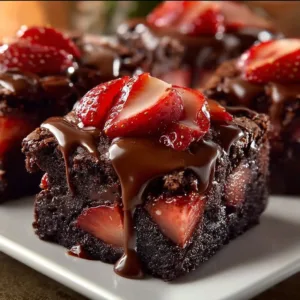 Delizioso Rezept für Schoko Erdbeer Brownies mit frischen Erdbeeren und Schokolade