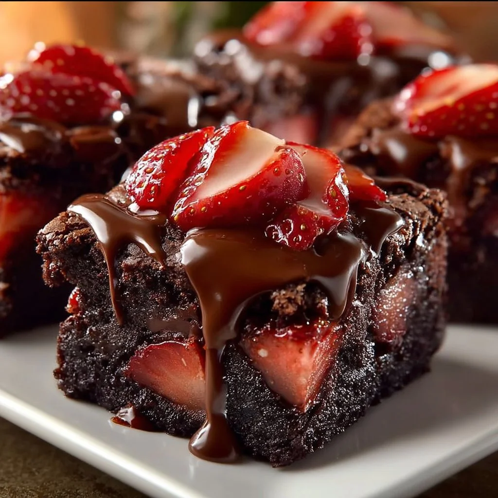 Delizioso Rezept für Schoko Erdbeer Brownies mit frischen Erdbeeren und Schokolade