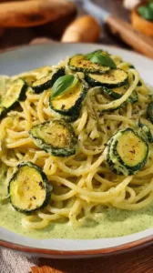 Spaghetti alla Nerano mit Zucchini auf einem Teller serviert