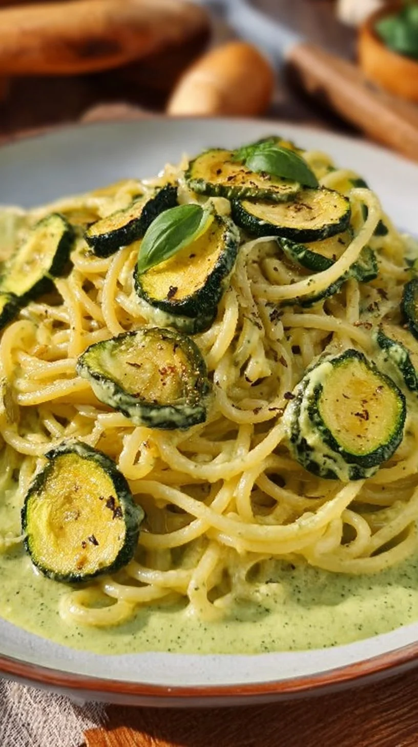 Spaghetti alla Nerano mit Zucchini auf einem Teller serviert