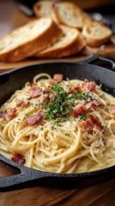 Spaghetti Carbonara mit Speck und Parmesan auf einem Teller serviert
