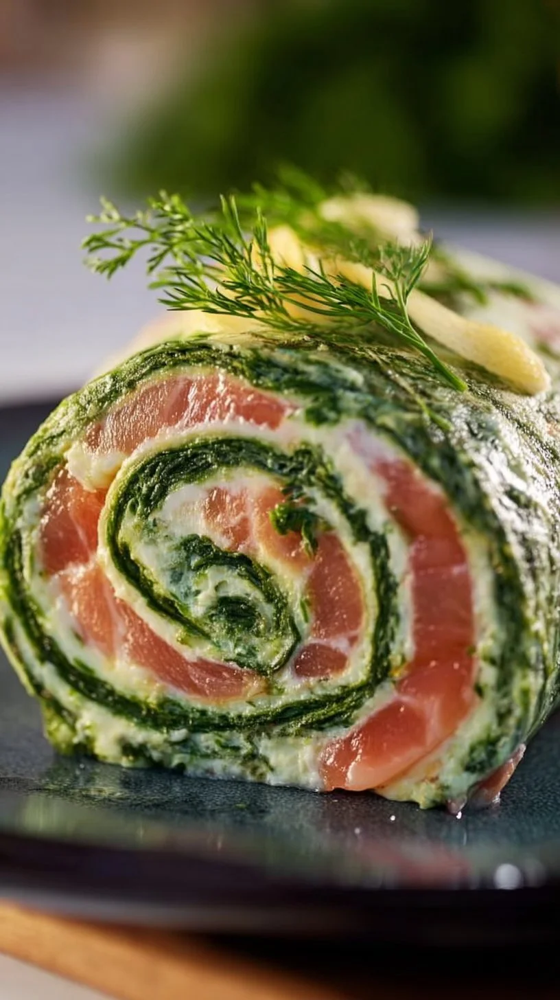 Leckere Spinat-Lachs-Rolle auf einem Teller serviert