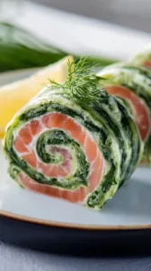 Leckere Spinat-Lachs-Rolle auf einem Teller serviert.