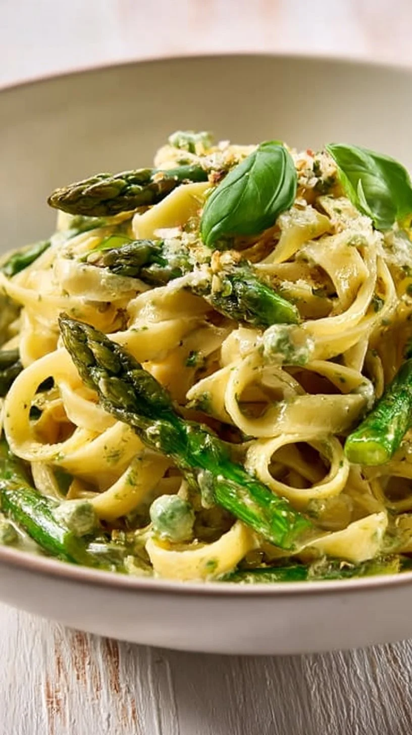 Tagliatelle mit grünem Spargel auf einem Teller serviert