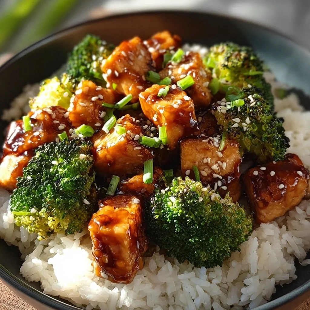 Teriyaki-Hähnchen mit Brokkoli auf einem Teller serviert