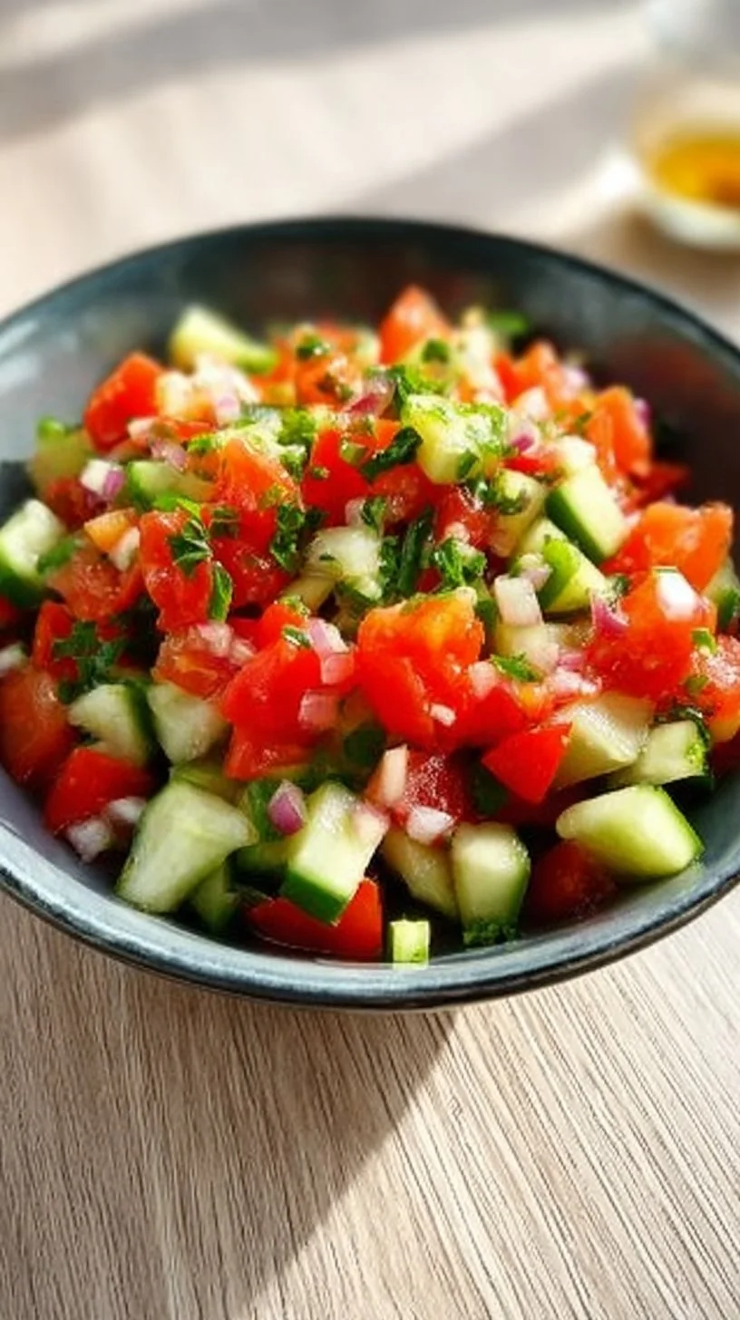 Frischer Tomaten Gurken Salat mit bunten Zutaten und Dressing