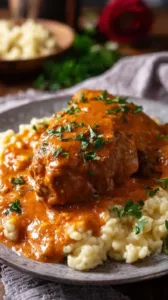 Ungarisches Hähnchen Paprikasch mit Spätzle serviert auf einem Teller