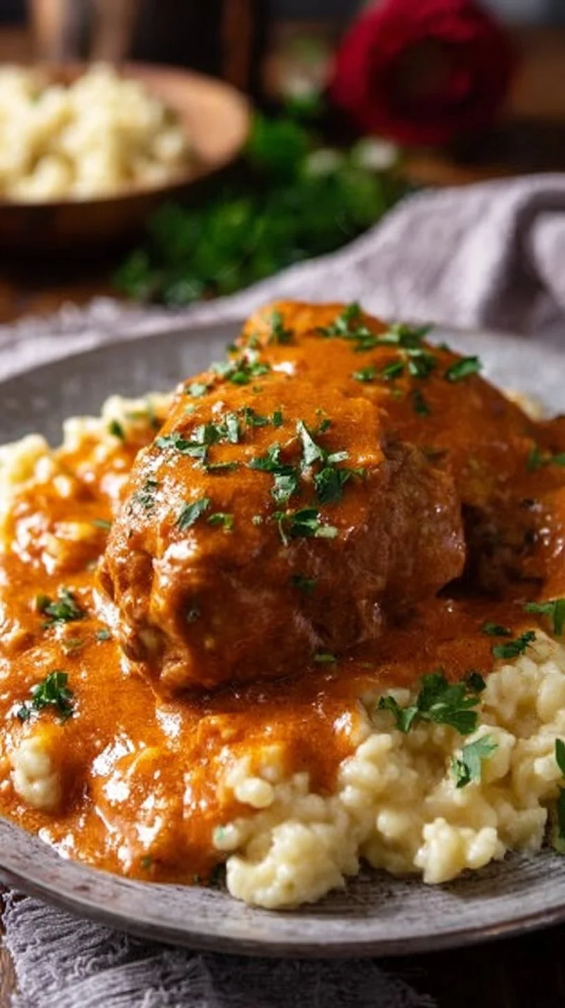 Ungarisches Hähnchen Paprikasch mit Spätzle serviert auf einem Teller