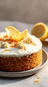 Veganer Karottenkuchen mit Apfelmus auf einem Holzbrett