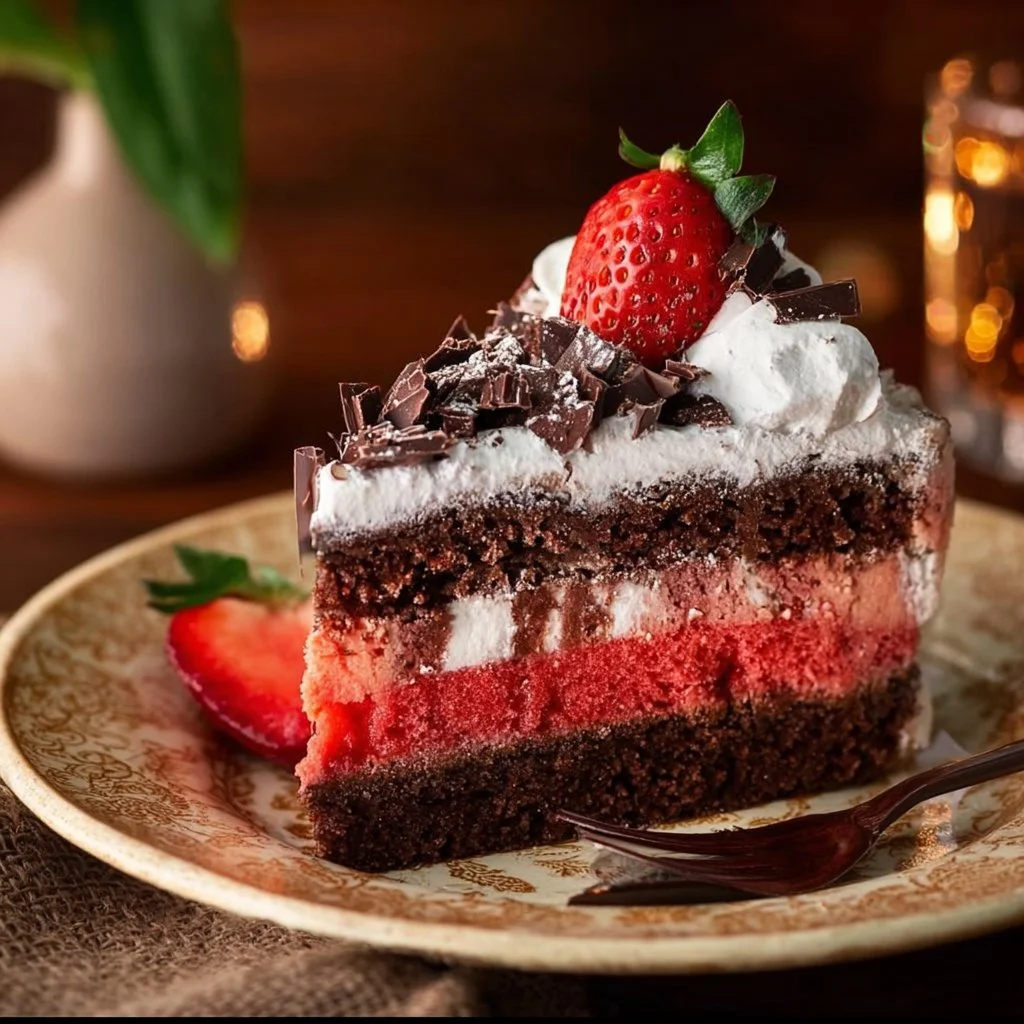 Vegane Erdbeer-Stracciatella-Torte mit frischen Erdbeeren und Schokoladenstückchen.