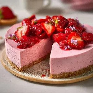 Veganer Erdbeerkäsekuchen mit frischen Erdbeeren und cremiger Füllung