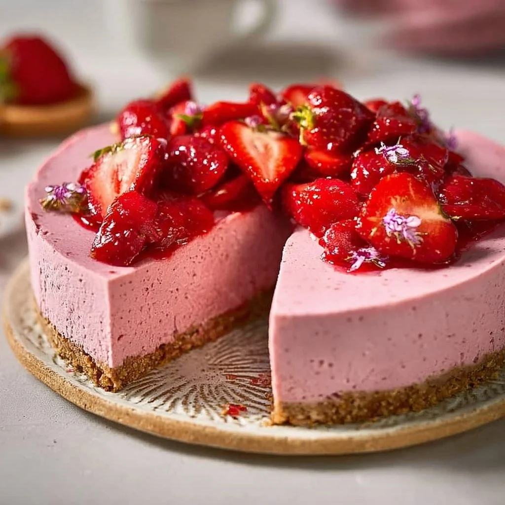 Veganer Erdbeerkäsekuchen mit frischen Erdbeeren und cremiger Füllung
