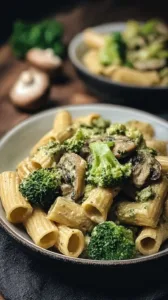 Vegane Pilz-Brokkoli-Pasta auf einem Teller serviert