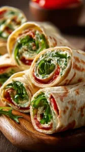 Vegetarische Wrap-Röllchen mit Rucola und Tomaten auf einem Partybuffet