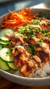 Würzige Hähnchen Bowl mit cremiger Soße auf einem Teller serviert