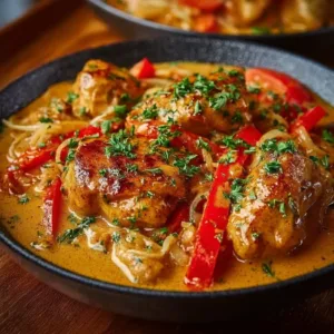 Zartes Hähnchen in cremiger Paprika-Sahne-Soße auf einem Teller serviert.