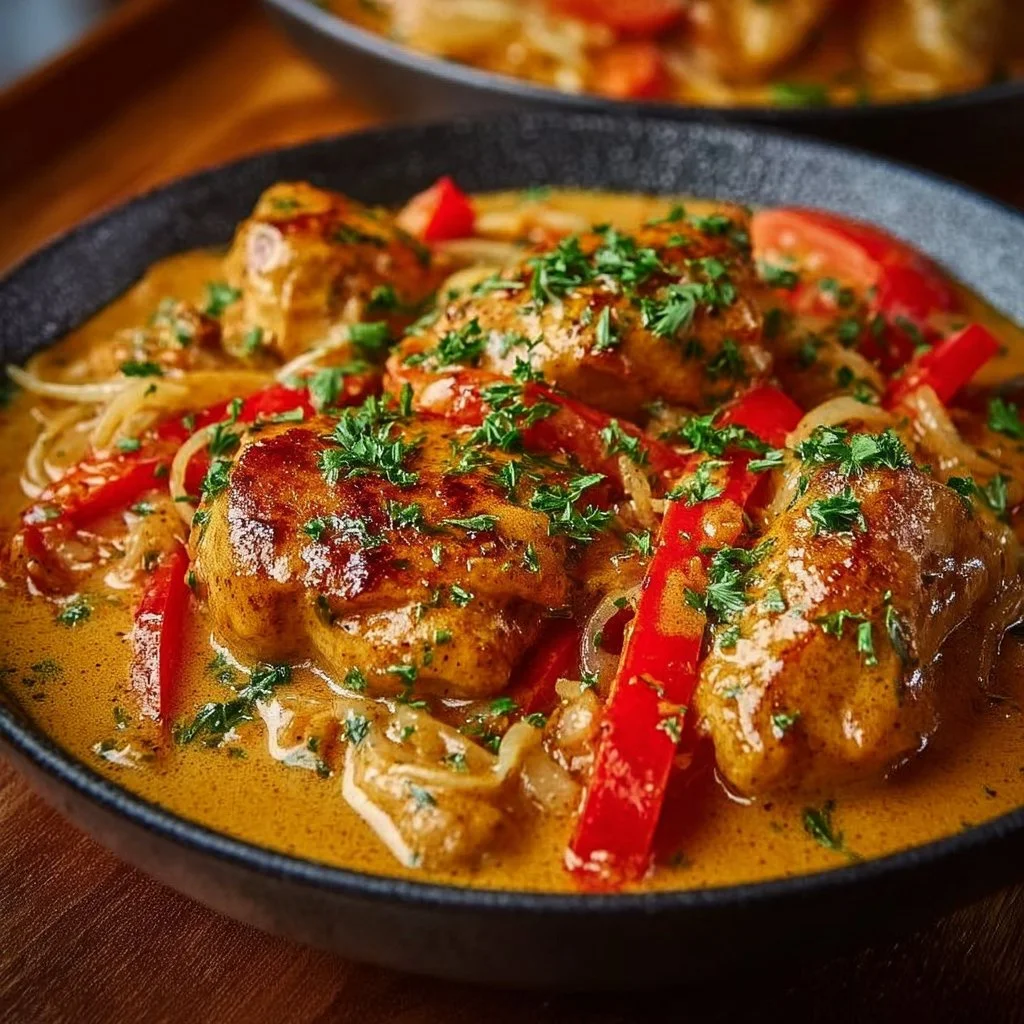 Zartes Hähnchen in cremiger Paprika-Sahne-Soße auf einem Teller serviert.