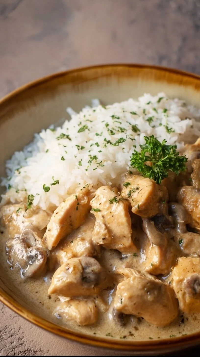 Zartes Hähnchengeschnetzeltes mit Reis und Pilzen