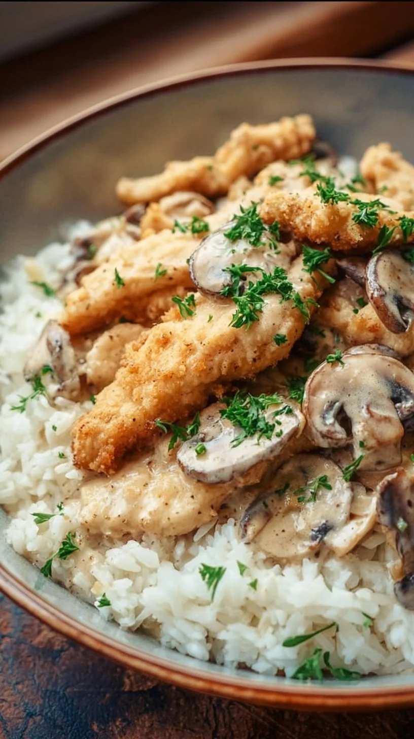 Zartes Hähnchengeschnetzeltes mit Reis und Pilzen