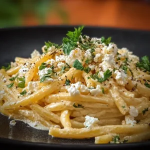 Zitronen-Feta-Pasta serviert mit frischen Kräutern in einer Schüssel
