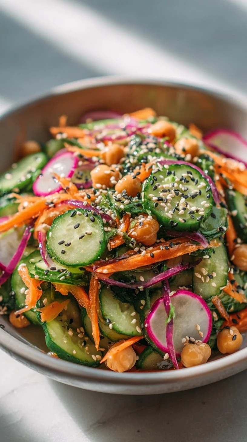 Asiatischer Gurken-Kichererbsensalat mit Sesamdressing