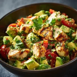 Leckere Portion Avocado-Hühnchensalat auf einem Teller