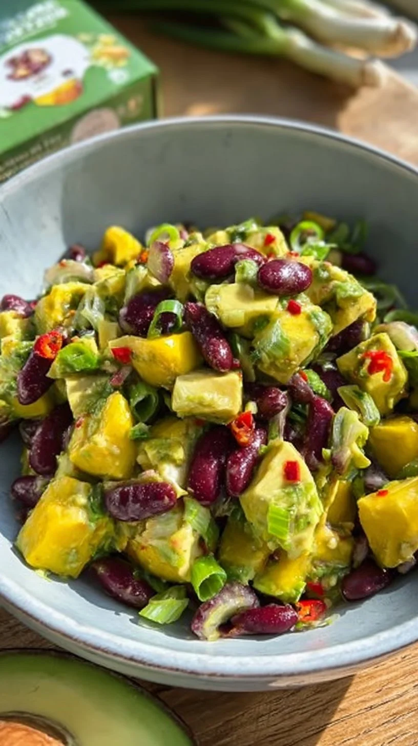Frischer Avocado-Mango-Salat mit buntem Gemüse und Dressing