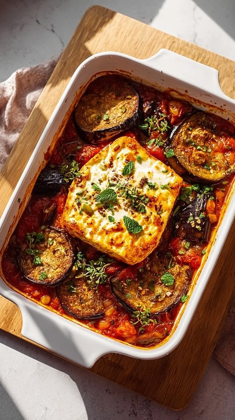 Gebackener Feta in Tomatensauce serviert mit gebratener Aubergine und Kichererbsen