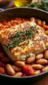 Gebackener Feta mit Riesenbohnen auf einem Teller serviert