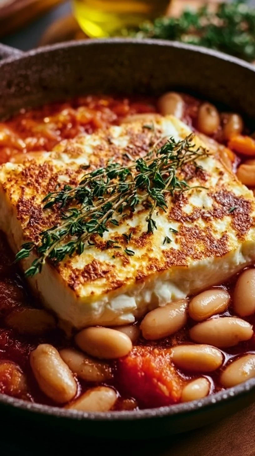 Gebackener Feta mit Riesenbohnen auf einem Teller serviert