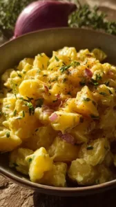 Bayrischer Kartoffelsalat mit Brühe, Essig und Öl auf einem Teller serviert