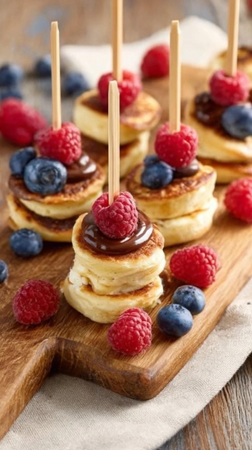 Beeren-Pancake-Spieße mit Schokoladencreme auf einem Teller angerichtet.