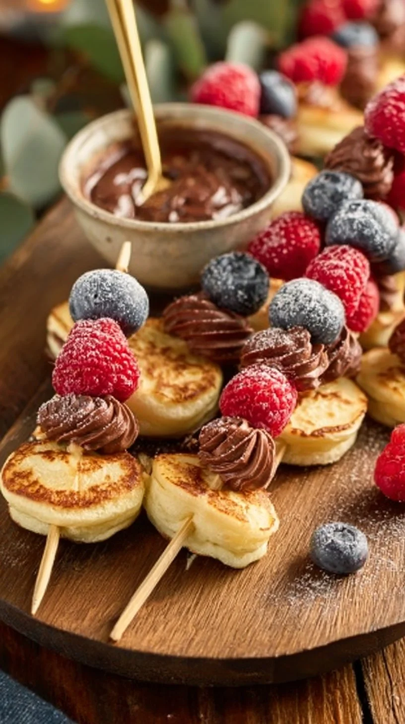 Beeren-Pancake-Spieße mit Schokoladencreme
