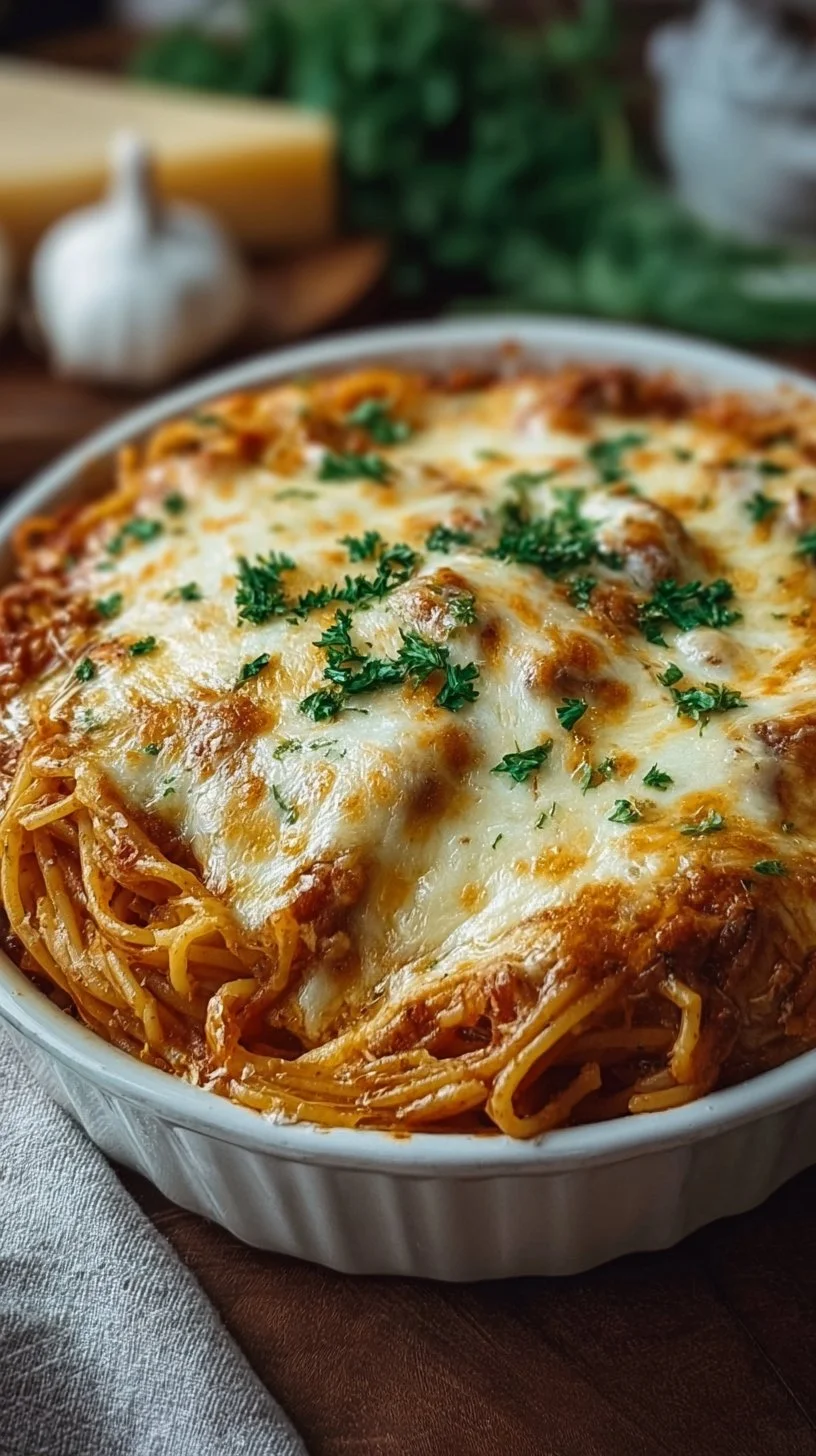 Bunter Spaghetti-Auflauf mit Gemüse und Käse überbacken