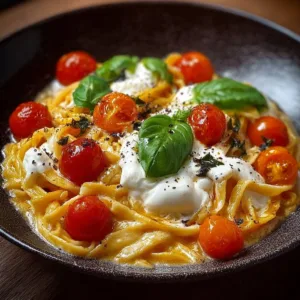 Burrata-Pasta mit frischen Zutaten und cremiger Soße