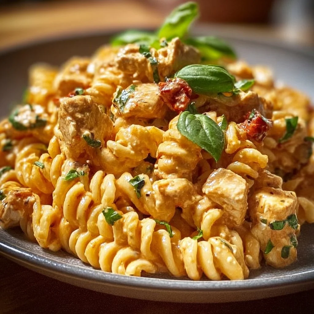 Cremige Hühnchen-Feta-Pasta auf einem Teller serviert