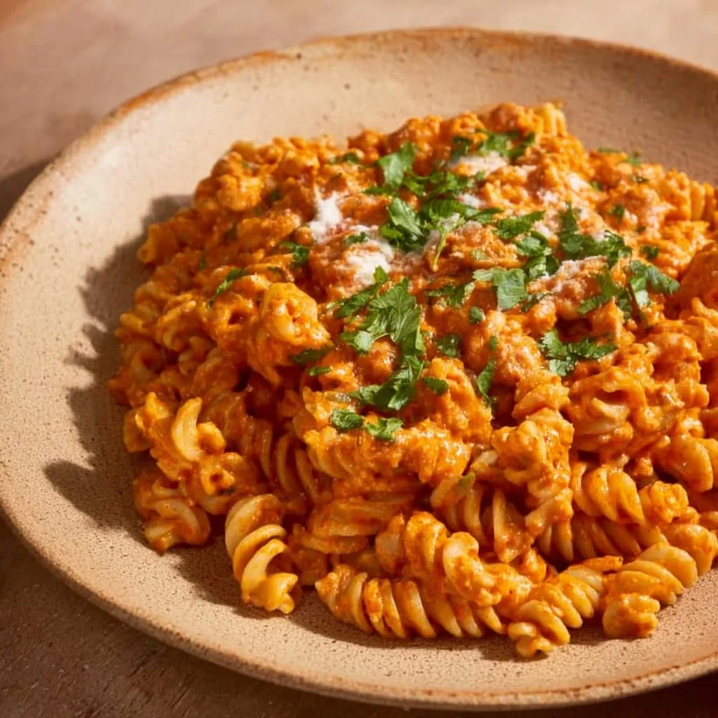 Cremige Pasta mit frischer Gemüse-Soße auf einem Teller serviert