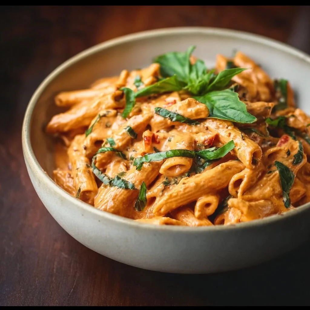 Cremige vegane Cashew-Tomaten-Pasta mit frischen Zutaten in einer Schüssel