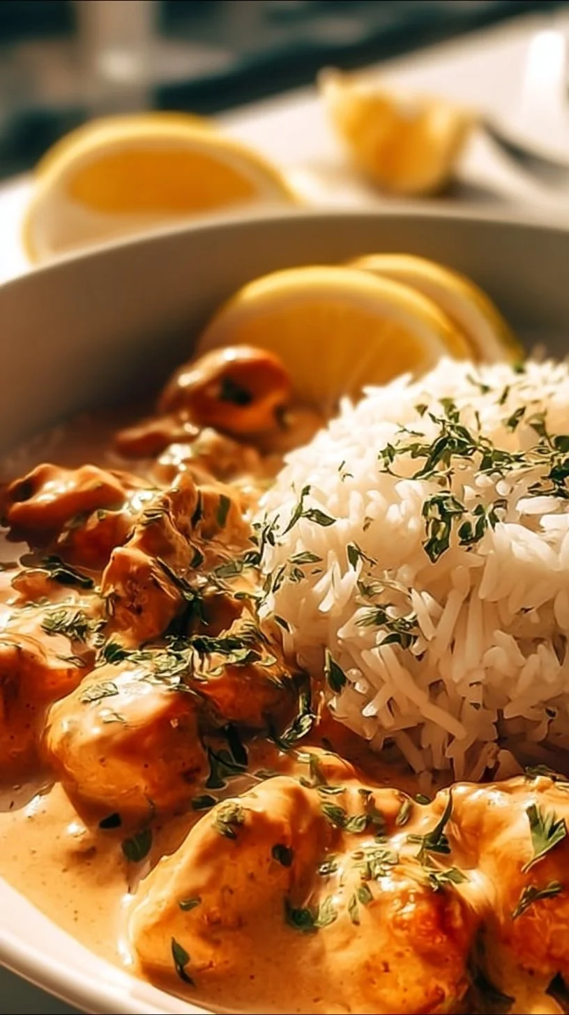 Cremiges Hähnchen mit Reis, serviert auf einem Teller