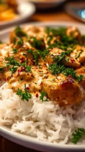 Cremiges Hähnchen mit Reis auf einem Teller serviert