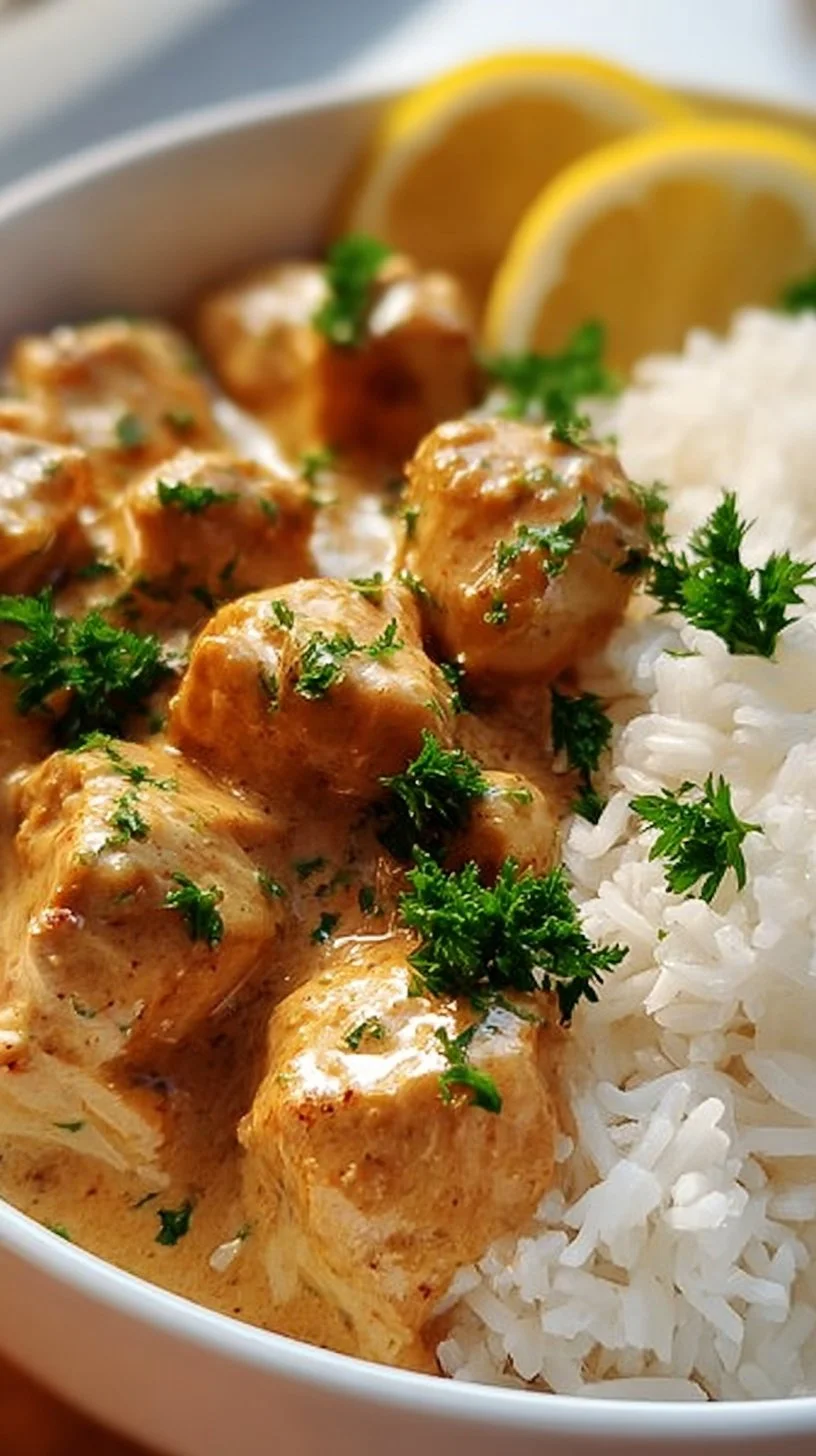 Cremiges Hähnchen mit Reis auf einem Teller serviert