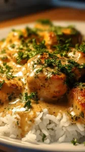 Cremiges Hähnchen mit Reis, in einer leckeren Soße, serviert in 30 Minuten.