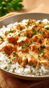 Cremiges Hähnchen und Reis Gericht auf einem Teller serviert