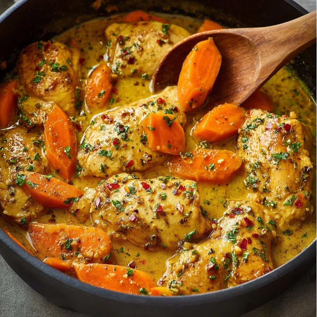 Cremiges Honig-Senf-Hähnchen mit zartem Hähnchenfleisch in Honig-Senf-Sauce.