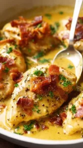 Cremiges Honig-Senf-Hähnchen mit Bacon auf einem Teller serviert