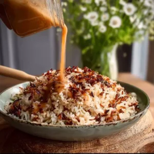 Crispy Rice Salad mit Satay-Hühnchen in einer bunten Schüssel